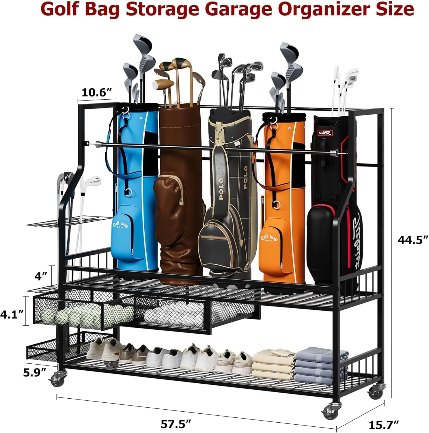 Sports Equipment Bag With Wheels - Multifunctional Rolling Golf Bags Storage Shelf